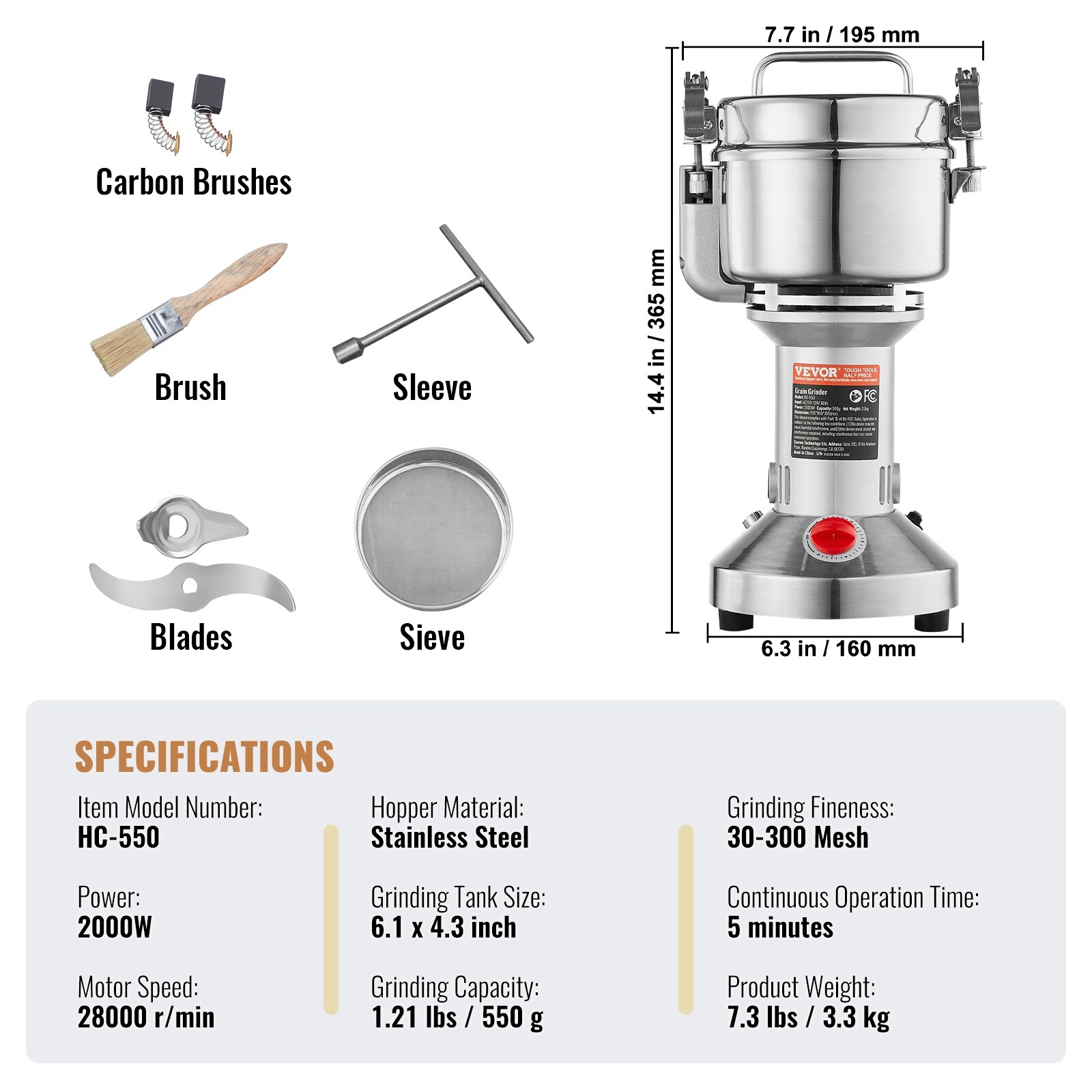 Electric Grain Mill Grinder, High Speed Commercial Spice Grinders, for Dry Grains Spices Cereals Coffee Corn Pepper