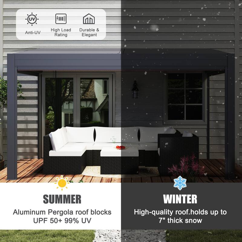 Erommy Wall-Mounted Pergola with Louvered Roof & Pull-Down Screen, Aluminum Awning for Patio or Deck