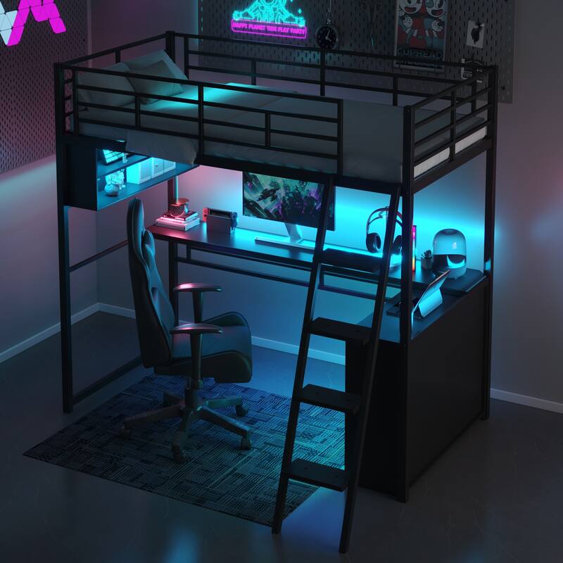 Full Size Loft Bed with Desk, LED Shelves, and Storage - Metal Frame with Guardrails and Ladder, Space-Saving Design for Teens - Twin Black - Twin