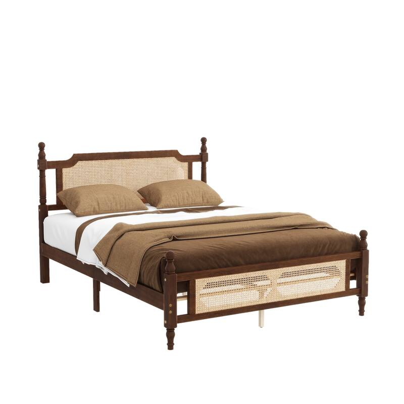 Classic Platform Bed Queen Size Bed Wooden Frame Bed with Rattan Headboard, Footboard and Central Enhanced Bed Platform