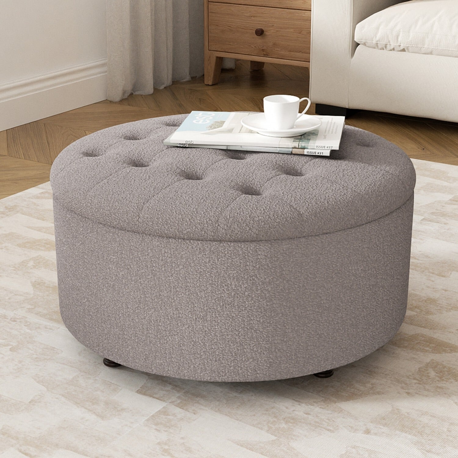 HOMYKA Linen Tufted Round Storage Ottoman Upholstered Foot Rest