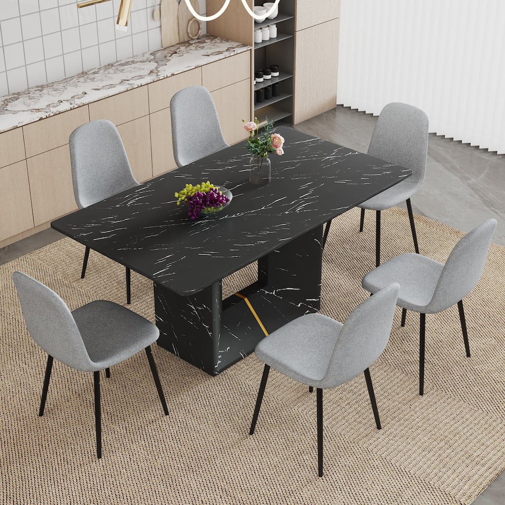 7-Piece Dining Table Set with Marble Pattern Top, O-Shaped Legs, Integrated Seat and Backrest, Non-Slip Feet