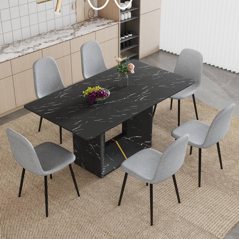 Roomfitters 7pcs Black Marble MDF Dining Table Set with Linen Cotton Chairs and Seamless Seat Design, Gray