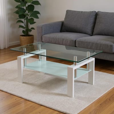HomeRoots 39" Clear and White Glass and Steel Coffee Table With Shelf - 39.37 in. x 17.32 in. x 23.62 in.