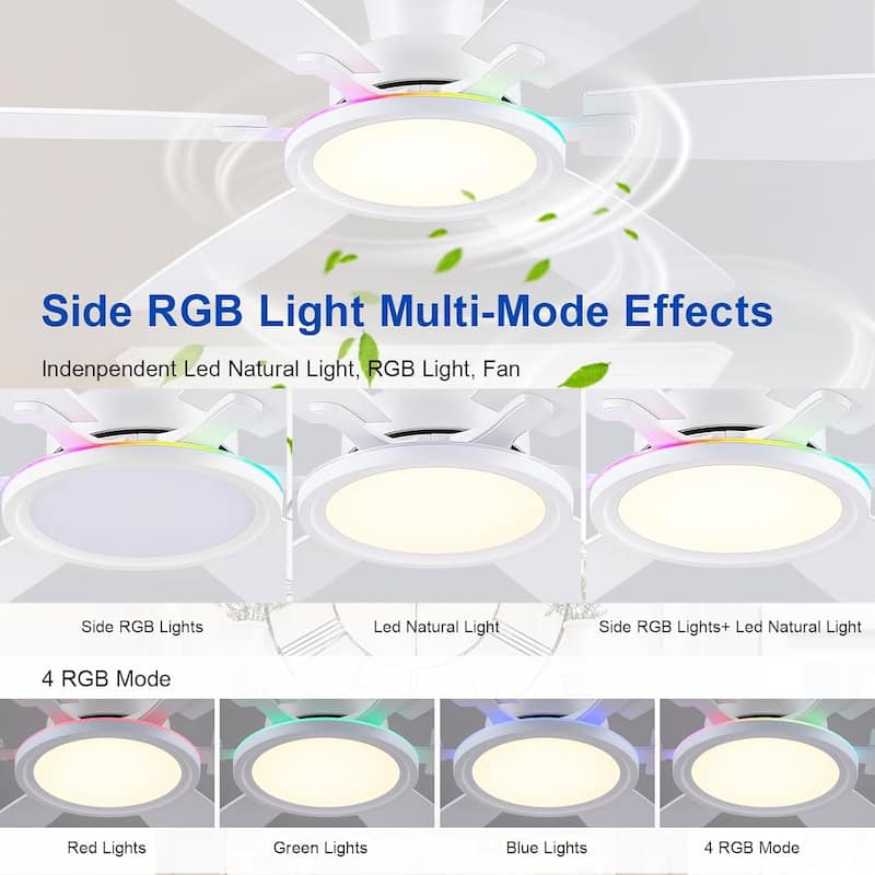 52 Inches RGB Flush Mount Ceiling Fan with Light,Reversible DC Motor for Bedroom Living Room Patio - 52 Inches