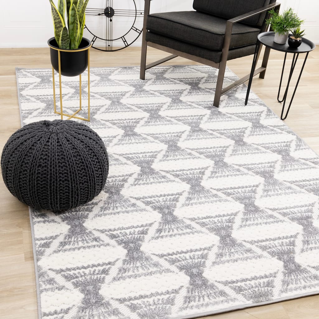 Oslo Collection - Grey White Geometric High/Low Indoor-Outdoor Area Rug
