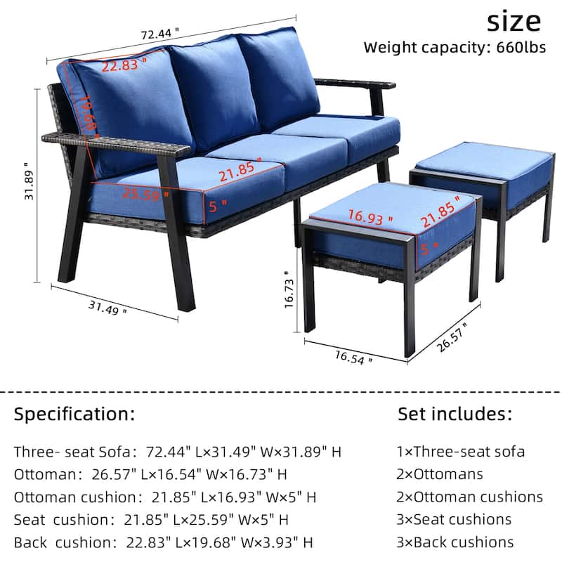 OVIOS Outdoor 3-piece Wicker Sectional Sofa Set With Ottoman Steel Frame
