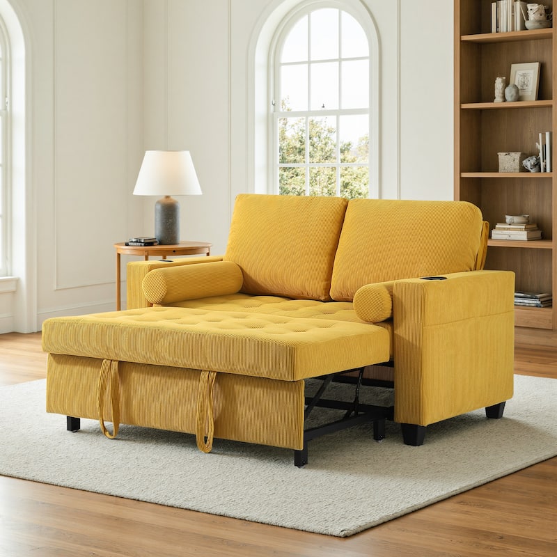 Corduroy Convertible Loveseat Sofa Bed Recliner with Cup Holder, USB Ports - Yellow