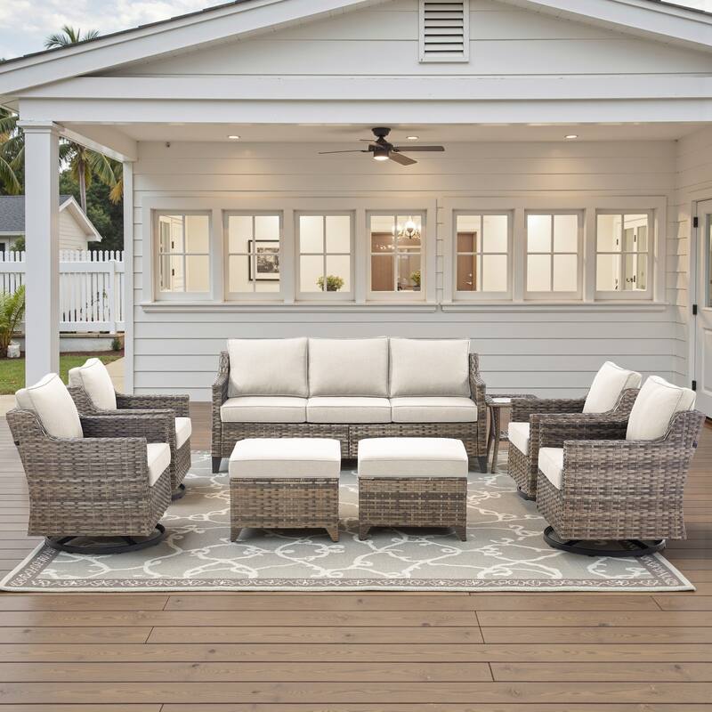 Glissia 8-Piece Gray Wicker Patio Seating Collection with Swivel Gliders and Ottomans