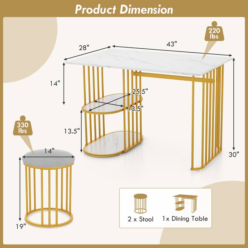 Gymax 3 Piece Dining Table Set w/ 2 Stools 2-tier Storage Shelf