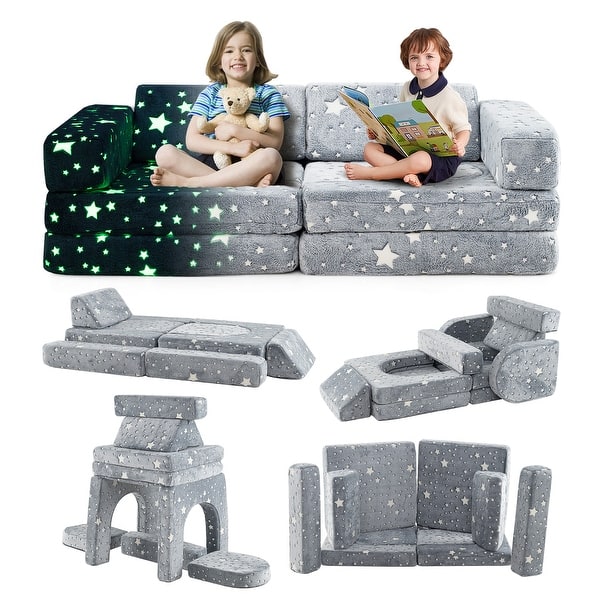 slide 2 of 10, Gymax 10 Pcs Modular Kids Play Couch Sectional Sofa Glow in the Dark Green