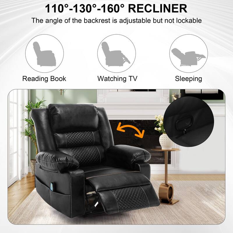 Breathable Leather Manual Recliner for Adults, Modern Living Room Single Recliner Sofa with Massage & Heat and Side Pocket