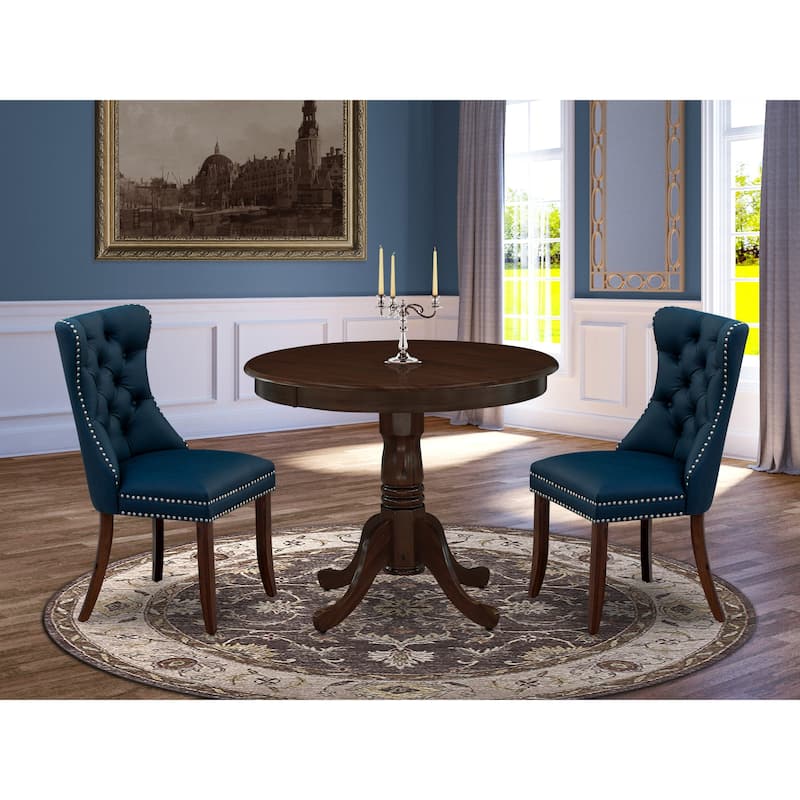 East West Furniture Kitchen Table Set Includes a Round Dining Table and Upholstered Chairs, Antique Walnut (Pieces Options) - ANDA3-AWA-29