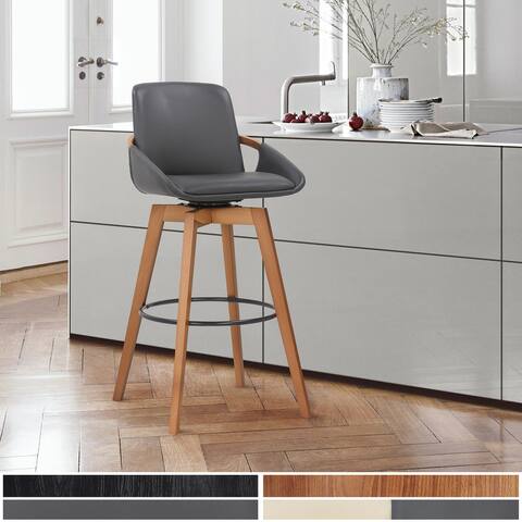 Baylor Swivel Wood Bar or Counter Height Stool in Faux Leather
