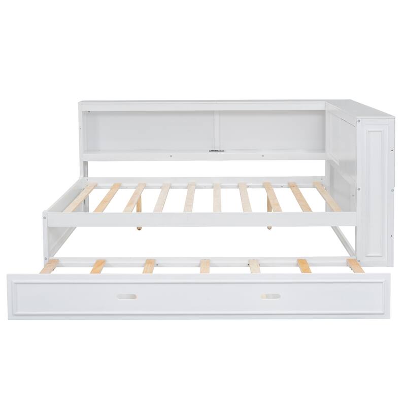 Full Size Wood Daybed with Storage Shelves, USB, LED, and Trundle