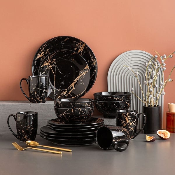 LOVECASA 16-Piece Porcelain Color Glaze with Gold Dinnerware Set - Black
