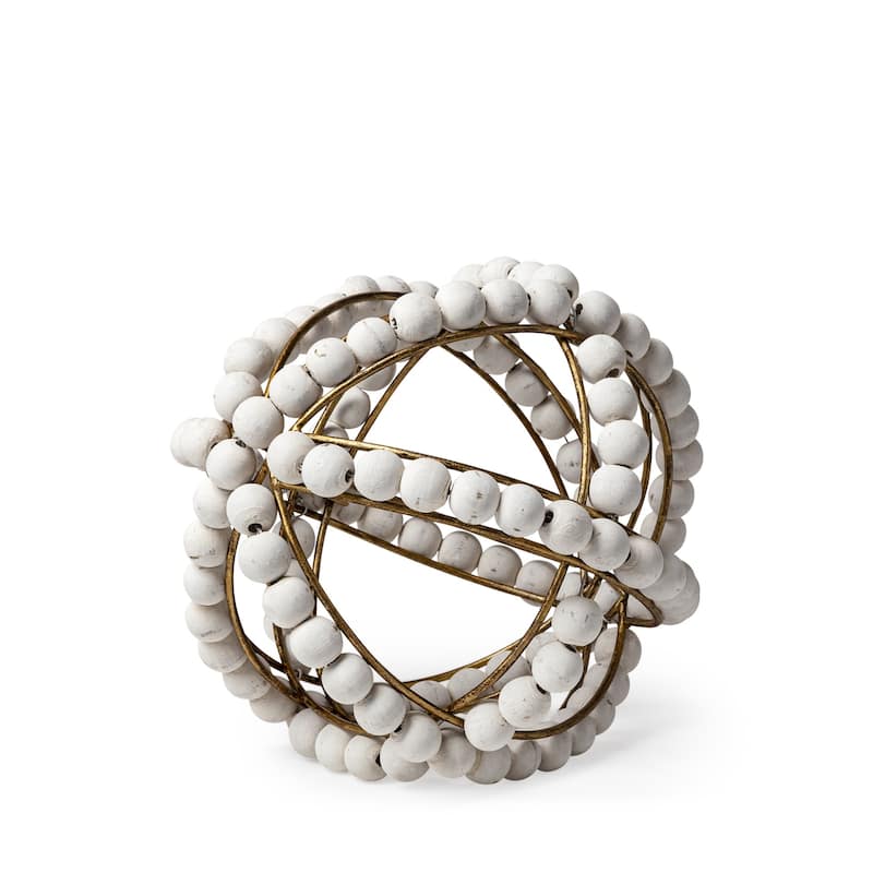 White Wooden Bead and Gold Orb Sculpture - 9"W x 9"D x 9"H