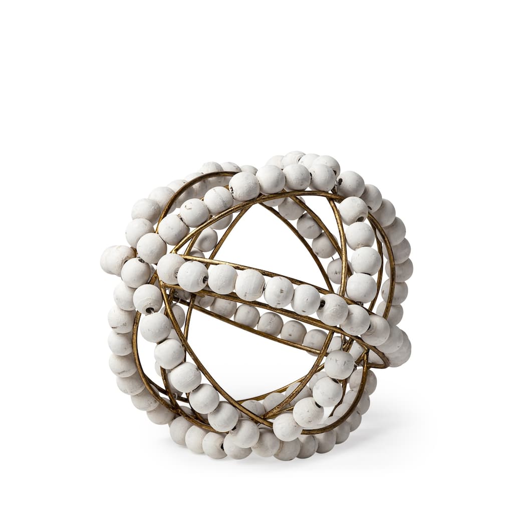 White Wooden Bead and Gold Orb Sculpture