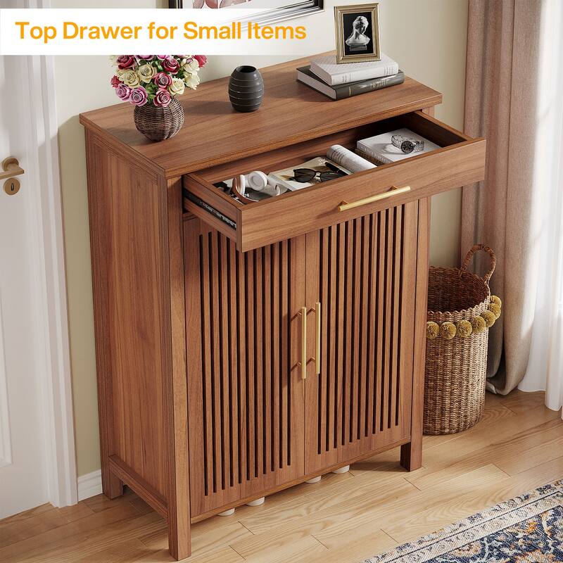 Shoe Cabinet with Louvered Doors & Drawer, Freestanding Wooden Shoe Rack for Entryway