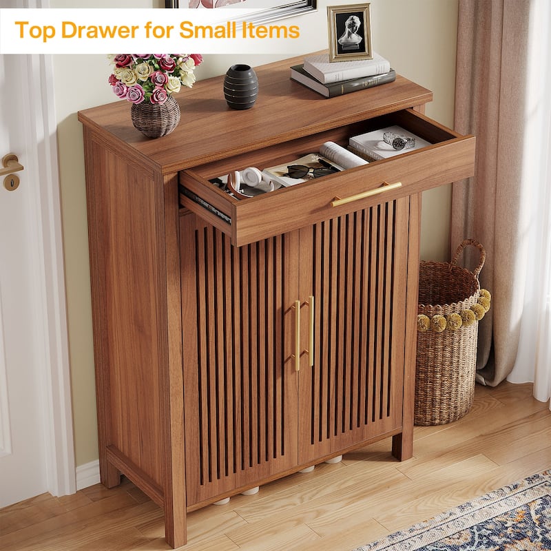 Shoe Storage Cabinet with Louvered Doors & Drawer, Wooden Shoe Rack for Closet, Entryway