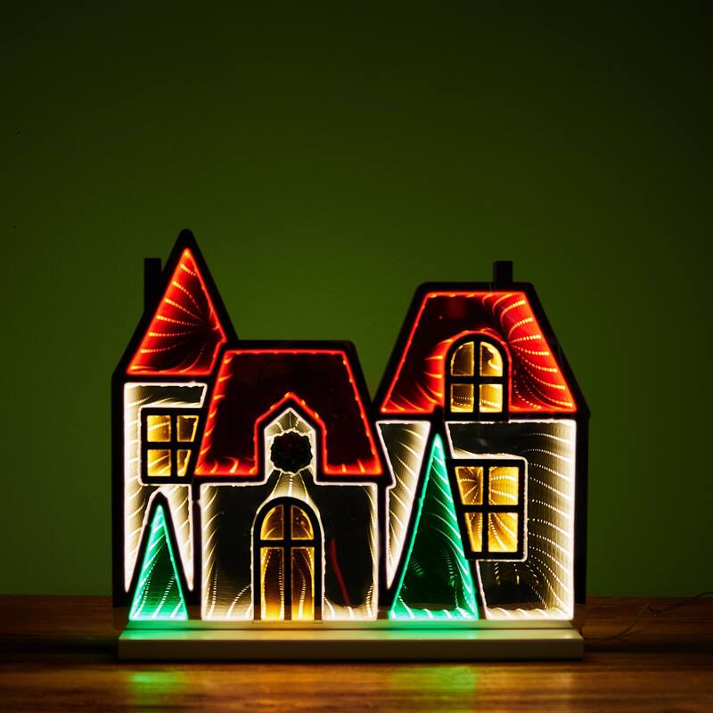 LED Lighted Winter Village House Christmas Infinity Mirror - 16"