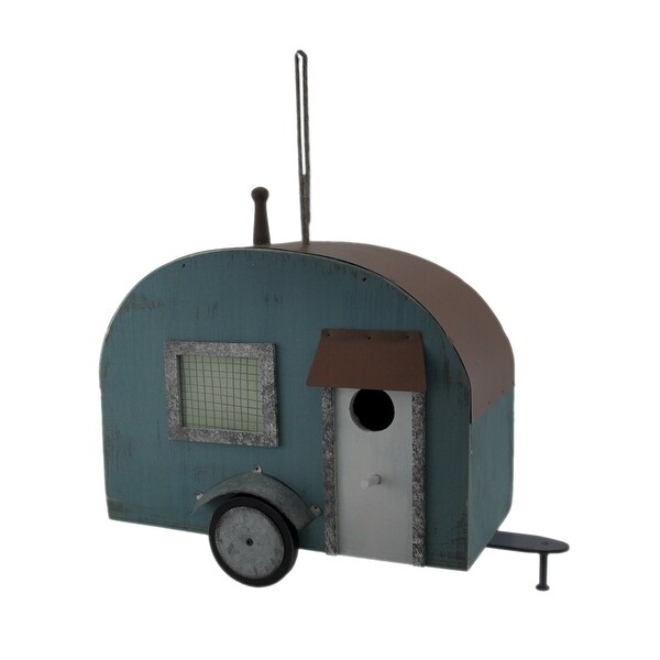 Blue Wood Retro Camper Trailer Birdhouse - 9.5 X 11.5 X 6 inches