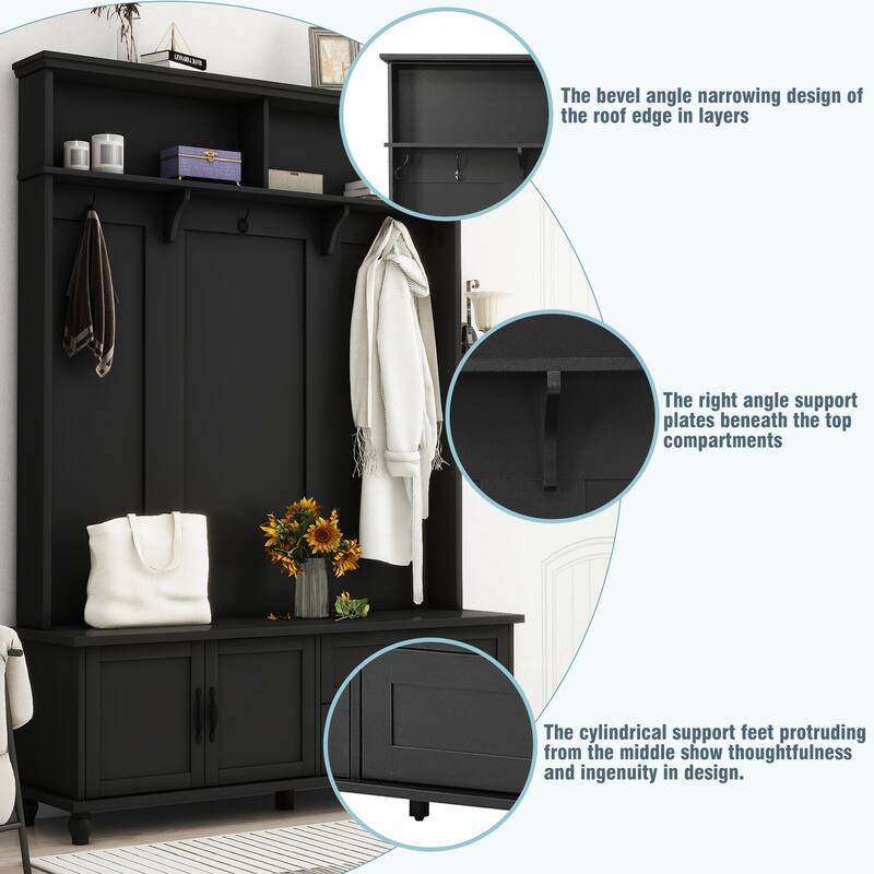 Modern Hall Tree Cabinet Coat Rack with Bench & Double-Side Hooks, Storage Cabinet with Drawers