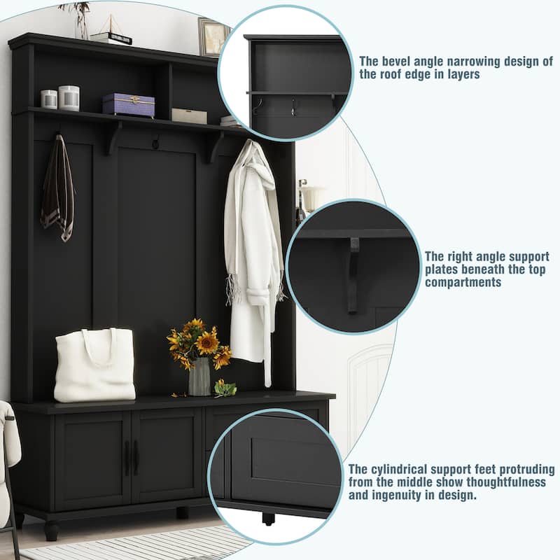 Roomfitters Widen Mudroom Hall Tree with Storage Bench, Modern Entryway Cabinet with 2 Large Compartments and 5 Coat Hooks