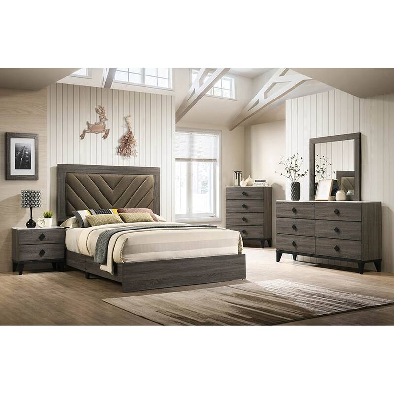 Dark Gray Oak Queen Bed with Rustic Wood Accents and Fabric Details