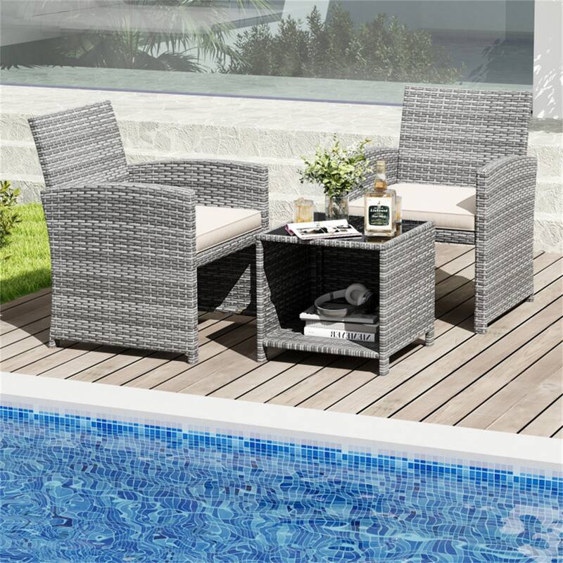 2-Piece Rattan Bistro Set with Comfortable Cushions and Tempered Glass Table Outdoor Patio - Table: 18" × 18" × 17"