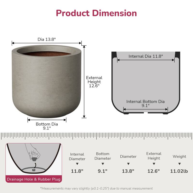 Concrete Round Planter with Enhanced Interior Outdoor Indoor Pot with Drainage Holes