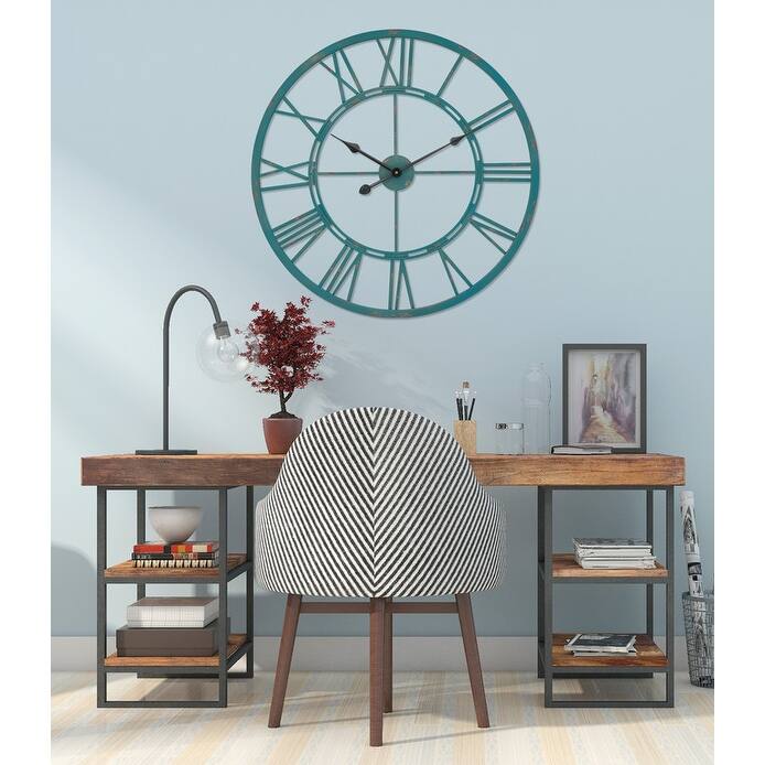 UTOPIA ALLEY Oversized Roman Round Wall Clock, Large Wall Clock, Big Clocks for Living Room Decor, 27 inch Diameter - Distressed Sea Green - 27"