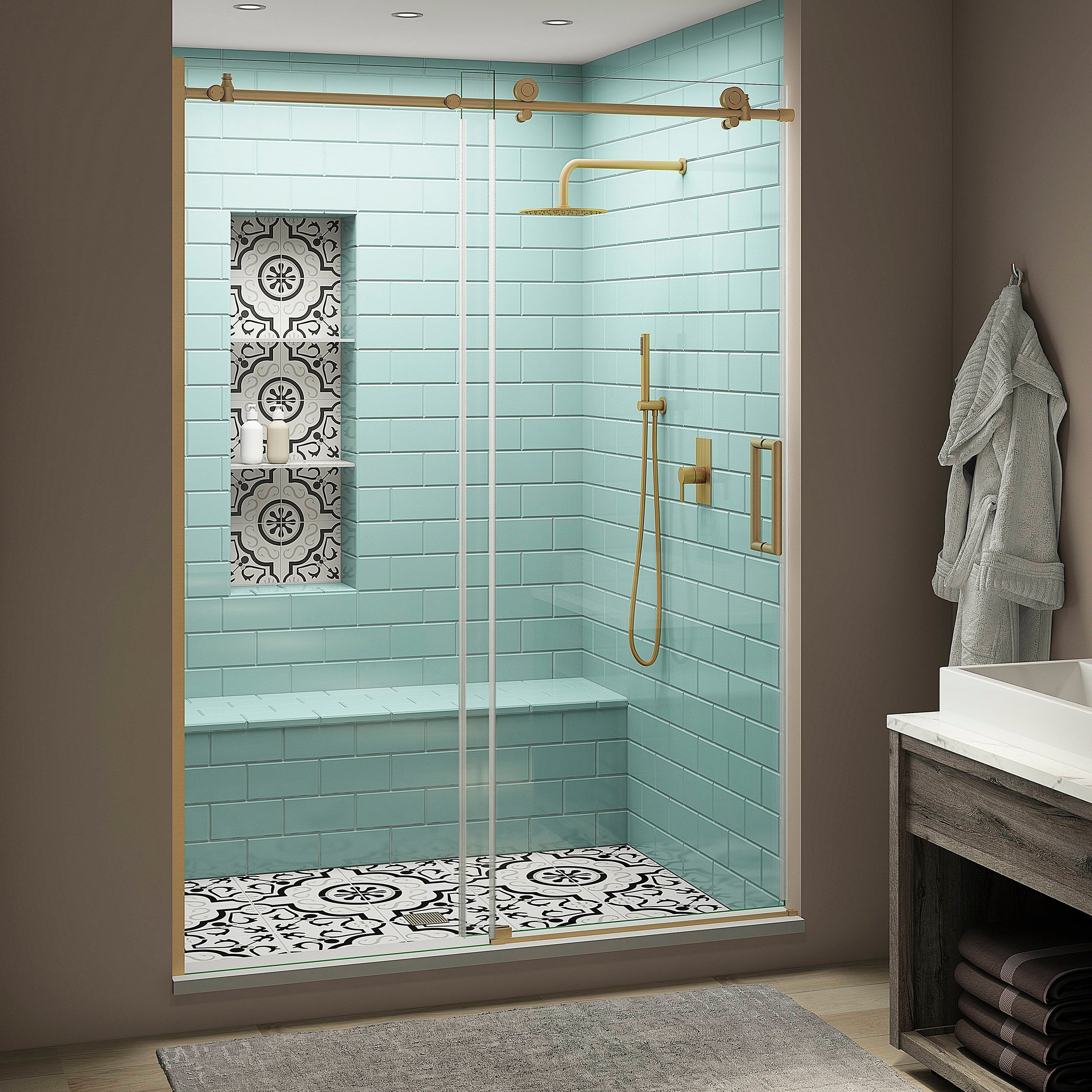 Coraline XL 56 - 60 in. x 80 in. Frameless Sliding Shower Door with StarCast Clear Glass in Brushed Gold Right Hand Coraline XL 56 - 60 in. x 80 in. Frameless Sliding Shower Door with StarCast Clear Glass in Brushed Gold Right Hand