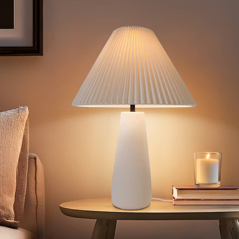 Brightech Gwen 25 in Off-White Cream Mid-Century 9W 800Lm 3000K LED Contemporary Round Table Lamp With Cream Cotton Empire Shade