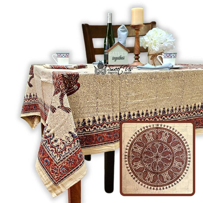 Block Print Veggie Dye Peacock Paradise Paisley Tablecloth Collection - 60 x 90 in
