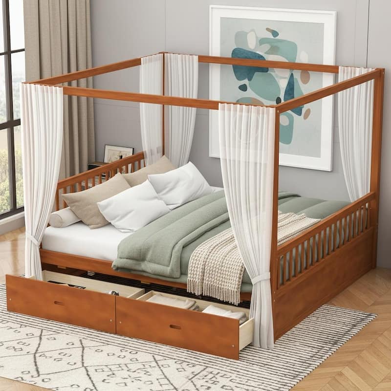 Wooden Canopy Bed with Hidden Storage Drawers by Harper&Bright Designs