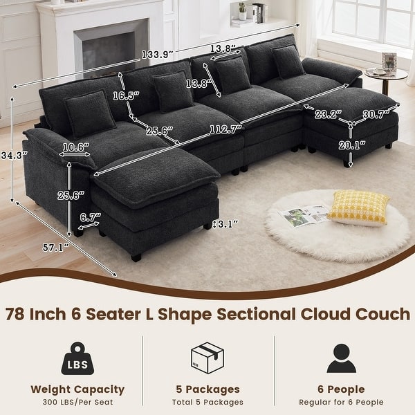 dimension image slide 12 of 17, Modular Cloud Chenille Sectional Sofa with Ottomans, Deep Seat Convertible L-Shaped or U-Shaped Couch