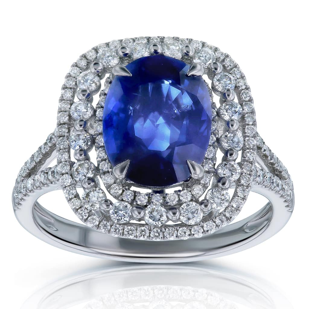 Kobelli 3.90 Carats Natural Blue Sapphire & White Diamond Solid 14k White Gold Triple Halo Split Shank Celes Ring