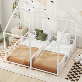 Twin Metal House Bed with Two Shared Beds, Guardrails & Roof Design, White