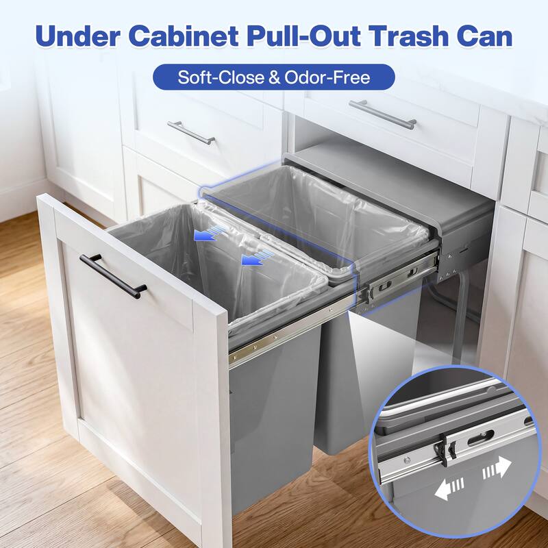 Under Cabinet Pull-Out Trash Can, 40L (20L+20L) Double Bin Kitchen Garbage Can with Soft-Close Slides