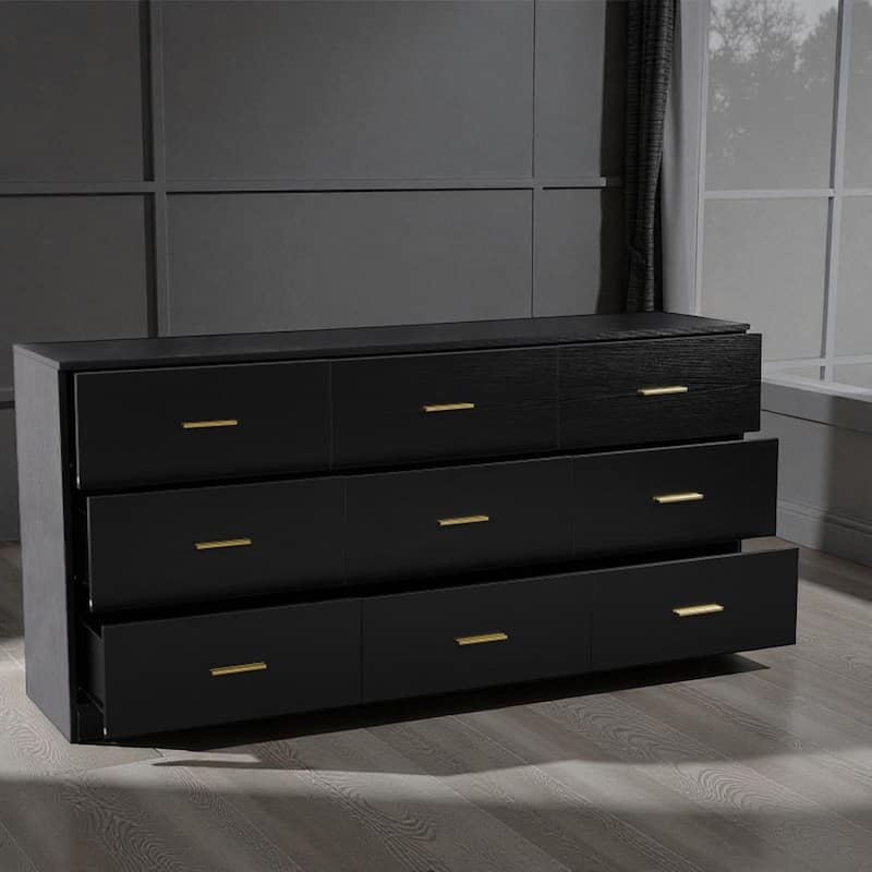 Modern 9-Drawer Dresser Wide Bedroom Chest Engineered Wood Storage Cabinet with Golden Handles and Ample Space