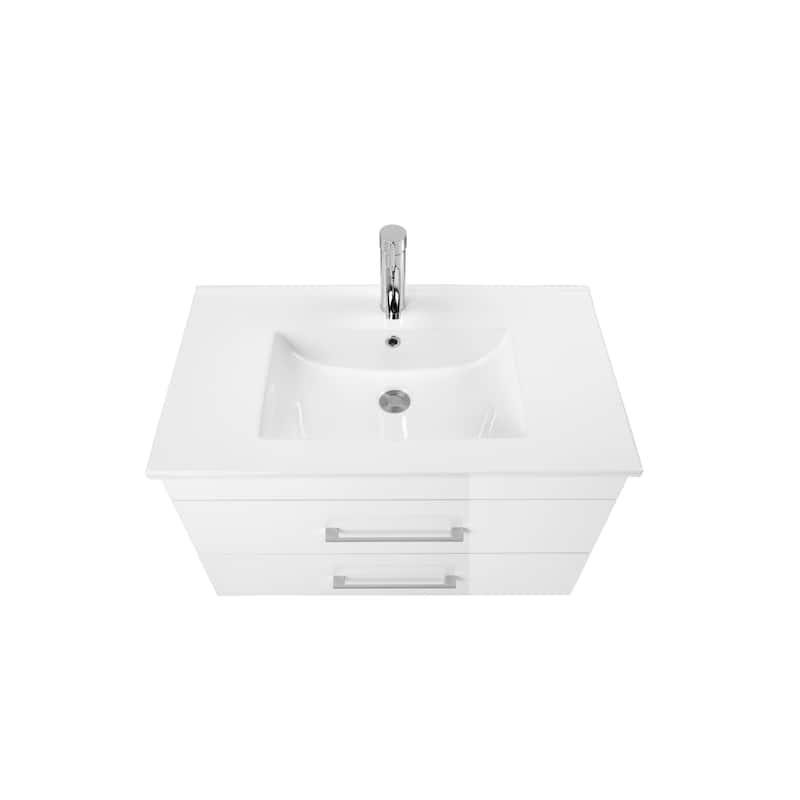 32-Inch White Gloss Wall-Mounted Bathroom Vanity with Double Drawers,Soft-Close System,Ceramic Sink,and Aluminium frame