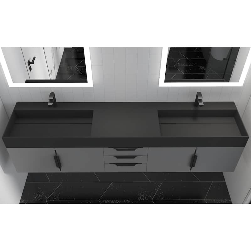 Amazon 84" Wall Mounted Double Bathroom Vanity Set w/ Black Top