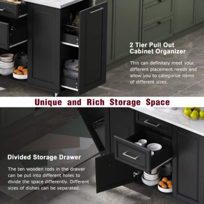 50.7" Rolling Kitchen Island - Drop Leaf, 2 Drawers, Tilt Trash Cabinet & Organizer on 5 Wheels