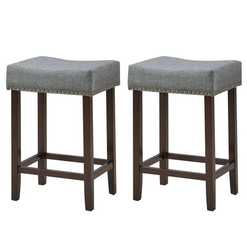 2 pcs Nailhead Saddle Bar Stools with Fabric Seat & Wood Legs-Gray - 17.5" x 13.5" x 24" (L x W x H)