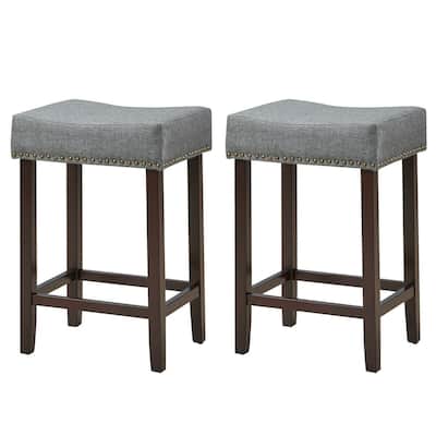 2 pcs Nailhead Saddle Bar Stools with Fabric Seat & Wood Legs-Gray - 17.5" x 13.5" x 24" (L x W x H)