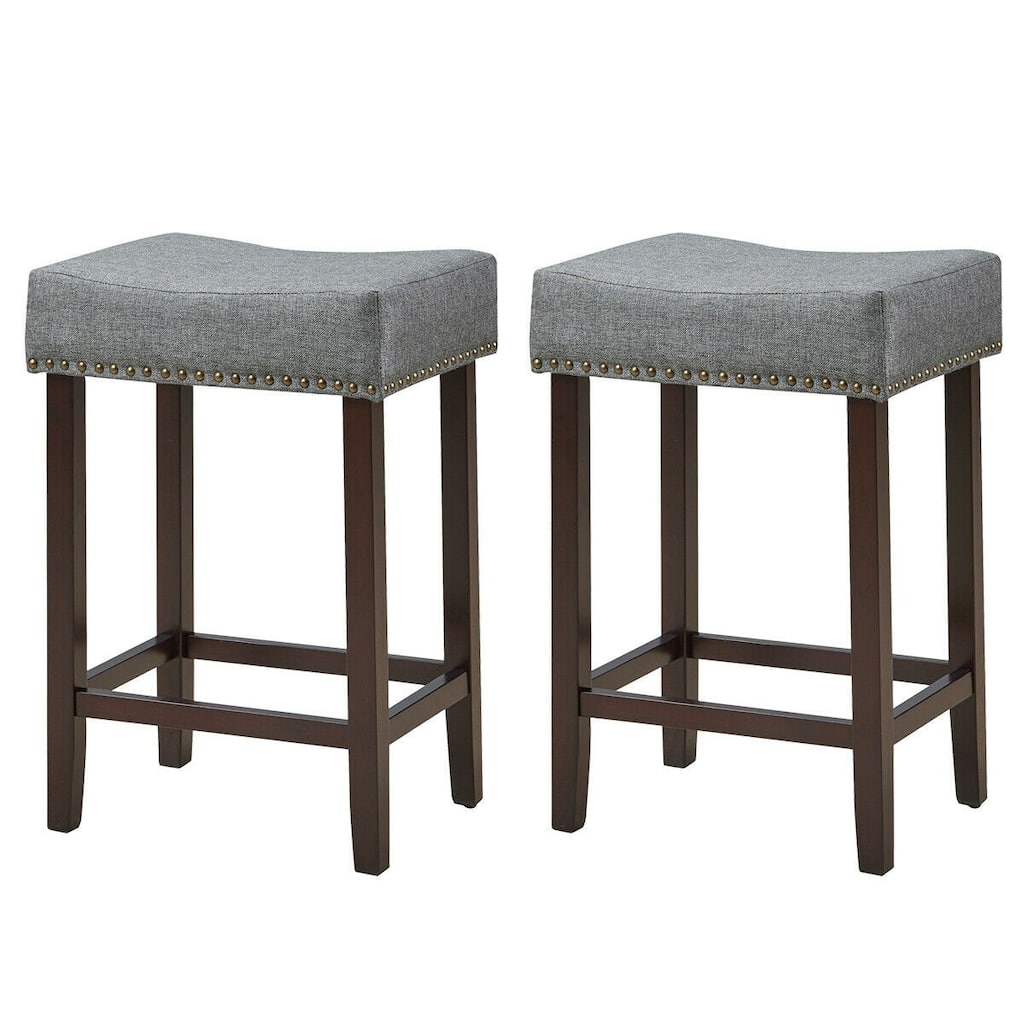 2 pcs Nailhead Saddle Bar Stools with Fabric Seat & Wood Legs-Gray - 17.5" x 13.5" x 24" (L x W x H)