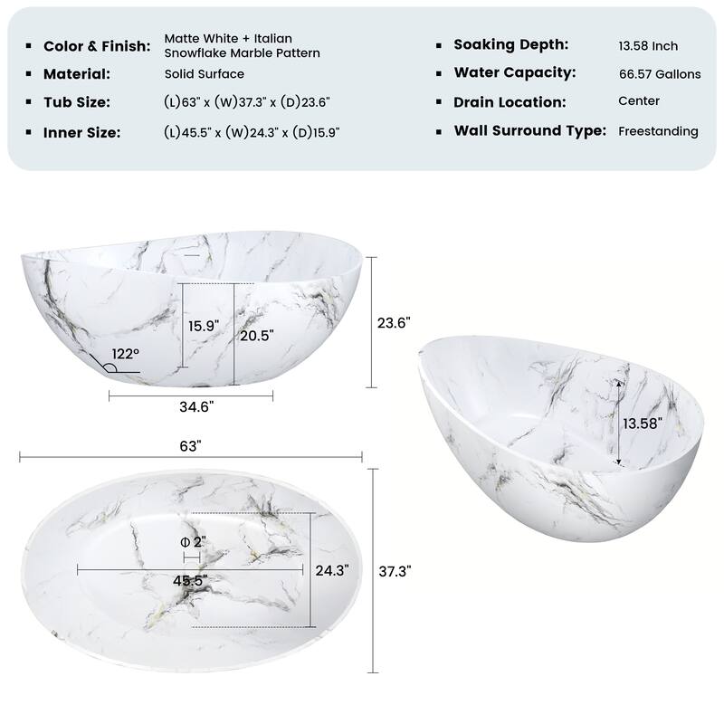63 in. x 37 in. Solid Surface Freestanding Soaking Bathtub in Matte White with Italian Snowflake Marble Pattern, Center Drain