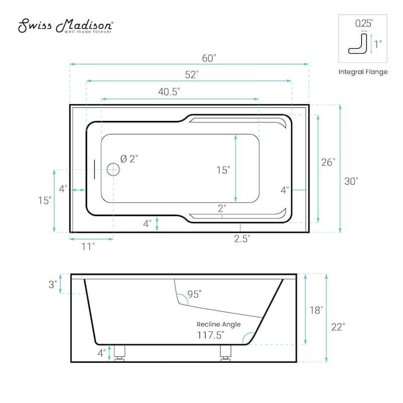 Voltaire 60 x 30 Left Drain Soaking Apron Bathtub in Black with Overflow, Drain
