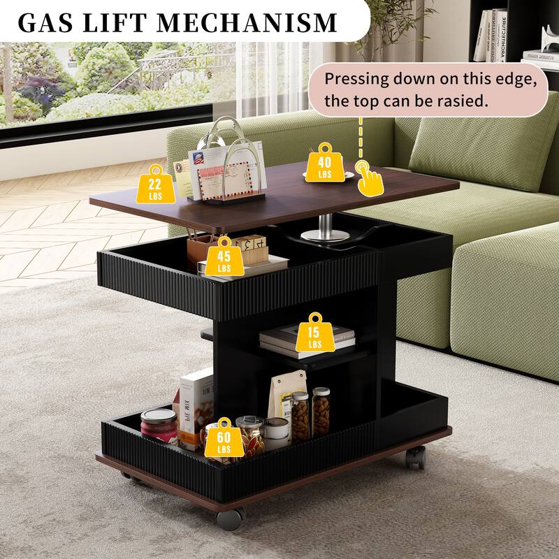 Lift Top End Table with Wheels and Storage for Small Spaces - 22.6" H x 17.7" W x 29.5" D